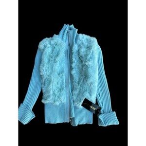 Vintage Y2K CHEBELLO  Rabbit Fur Leather Trim Zip Up Sweater Size M  NWT$179